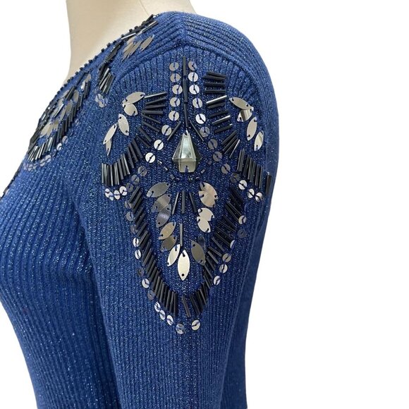 Blue Long Sleeve Ribbed Sequin Embellished Sweater M Glam Sparkly Festival Chic - Picture 8 of 11